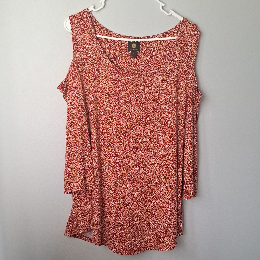 JM Collection Red and White Cold Shoulder Blouse